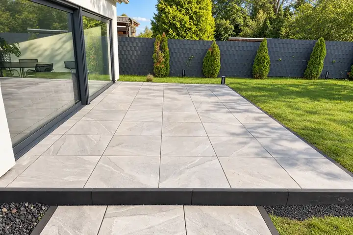 Terrasse aus großformatigen hellgrauen Platten mit dunkler Einfassung vor einer Glasfront, davor Trittplatten
