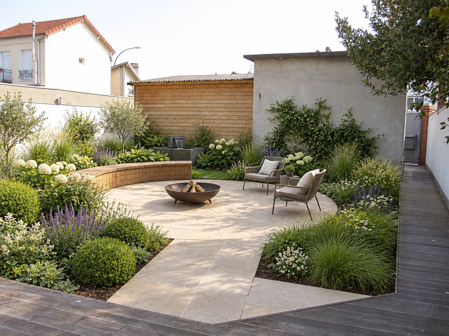 KI-generierte Gartenidee mit Sitzplatz, Feuerschale, Wasserspiel und bepflanzten Beeten